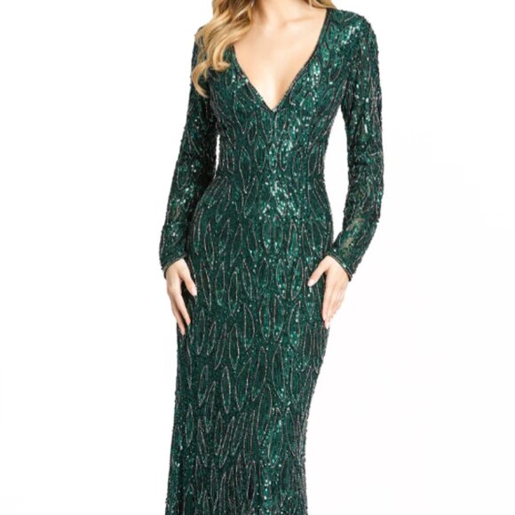 MAC DUGGAL 5451 LONG SLEEVE BEADED V-NECK FOREST GREEN GOWN sz 8 - Picture 1 of 5